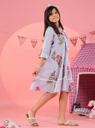 Blue floral casual dress for kids