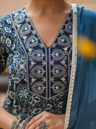 Blue floral kurta with dupatta