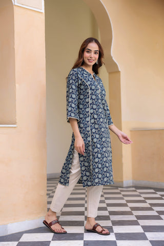 Blue floral printed cotton kurta