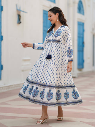 Blue printed casual midi dress