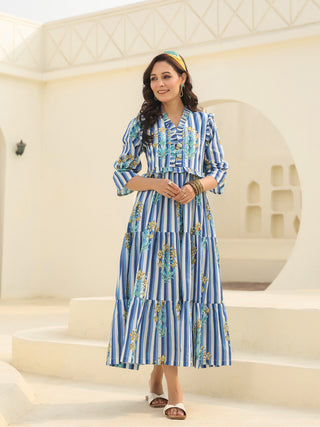 Blue printed cotton midi dress