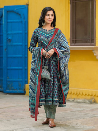 Blue printed kurta pant dupatta set
