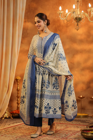 Blue printed kurta with dupatta