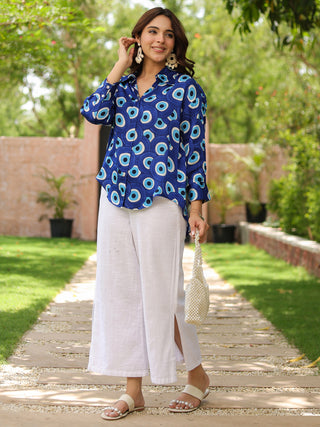 Blue satin geometric casual shirt
