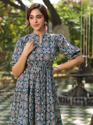 Casual Blue Cotton Midi Dress