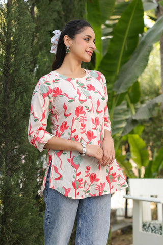 Casual floral print round neck cotton top