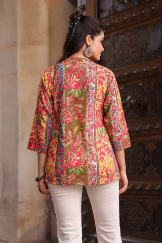 Casual mandarin collar cotton top with all-over print