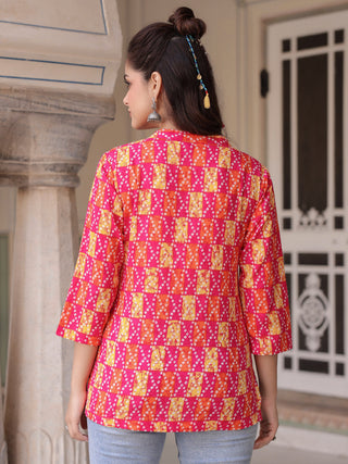 Casual mandarin collar printed cotton top