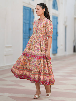 Women Floral Print Puff Sleeve Fit & Flare Cotton Midi Dress Rain & Rainbow Women Floral Print Puff Sleeve Fit & Flare Cotton Midi Dress Rain & Rainbow
