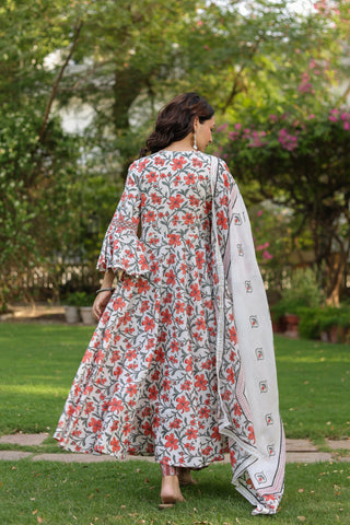 Classic floral print cotton kurta ensemble with matching dupatta