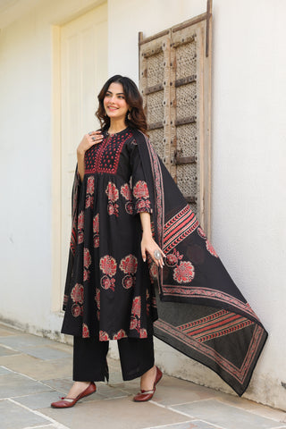 Comfortable pure cotton kurta set with ethnic prints and matching dupatta