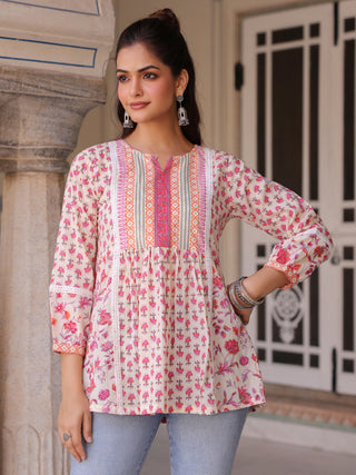 Cotton A-line top with ethnic print