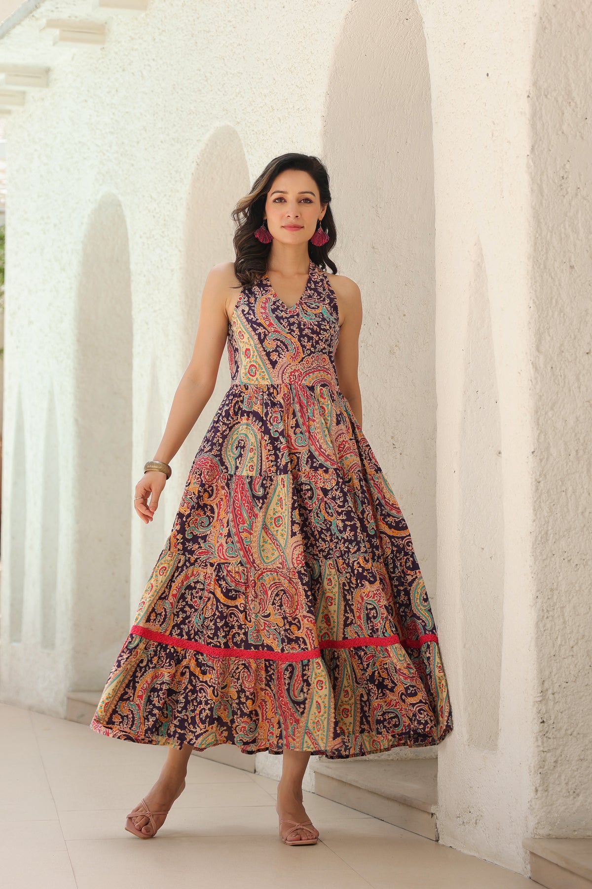 Paisley Printed Pure Cotton Fit & Flare Maxi Ethnic Dresses – Rain & Rainbow