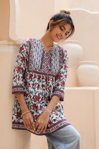 Cotton Floral Tie-Up Neck Top