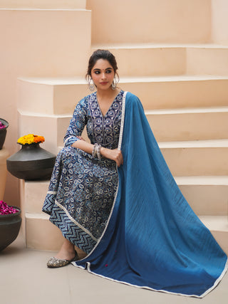 Cotton floral blue kurta set