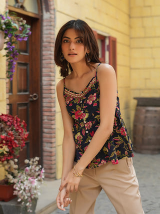 Floral Printed Sleeveless Peplum Pure Cotton Top