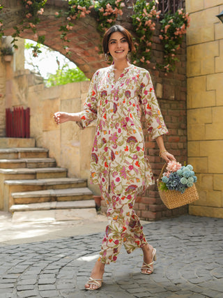 Floral Printed Pure Cotton Tunic With Trousers