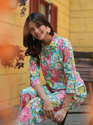 Women Sea Green Floral Printed Pure Cotton Co-ords Set