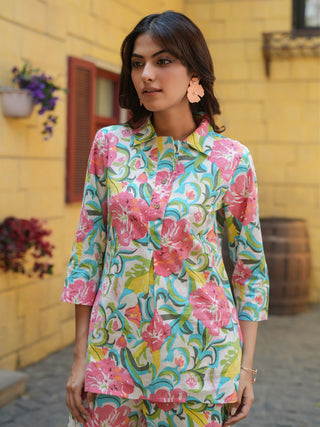 Women Sea Green Floral Printed Pure Cotton Co-ords Set