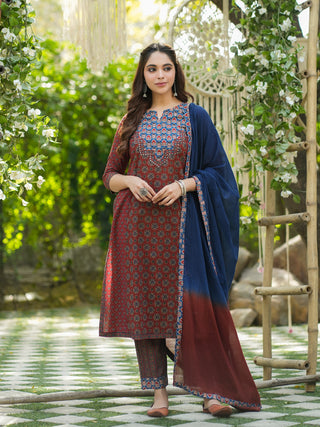 Ethnic Motifs Printed Sequined Pure Cotton Kurta with Trousers & Dupatta