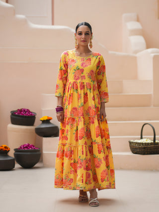 Floral Printed Sequinned Pure Cotton Anarkali Kurta with Trousers & Dupatta