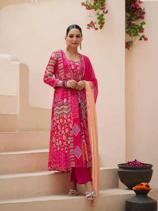 Women Floral Printed Empire Sequined Kurta with Trousers & With Dupatta