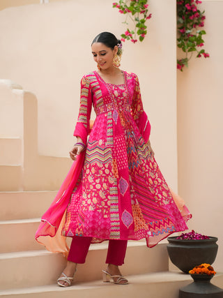 Women Floral Printed Empire Sequined Kurta with Trousers & With Dupatta