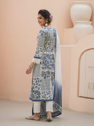 Floral Printed Thread Work Pure Cotton Straight Kurta & Trouser & Dupatta