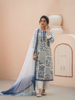 Floral Printed Thread Work Pure Cotton Straight Kurta & Trouser & Dupatta