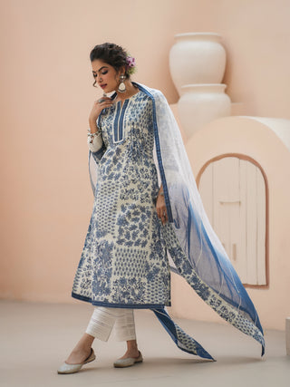 Floral Printed Thread Work Pure Cotton Straight Kurta & Trouser & Dupatta