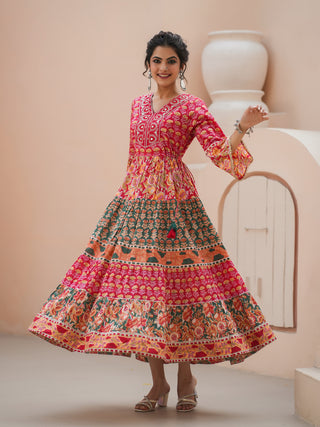 Women Floral Printed Thread Work Anarkali Kurta