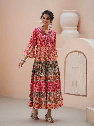 Women Floral Printed Thread Work Anarkali Kurta