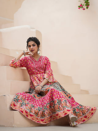 Women Floral Printed Thread Work Anarkali Kurta