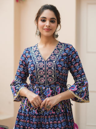 Women Floral Printed Keyhole Neck Flared Sleeves Anarkali Kurta