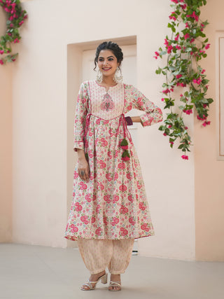 Floral Printed Thread Work Pure Cotton Kurta with Salwar & Dupatta