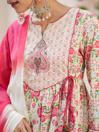 Floral Printed Thread Work Pure Cotton Kurta with Salwar & Dupatta