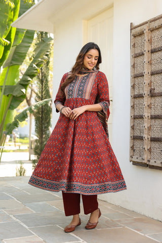 Daily wear pure cotton kurta set with ethnic motifs and matching dupatta