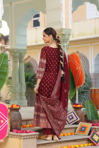 Designer maroon kurta pant dupatta set