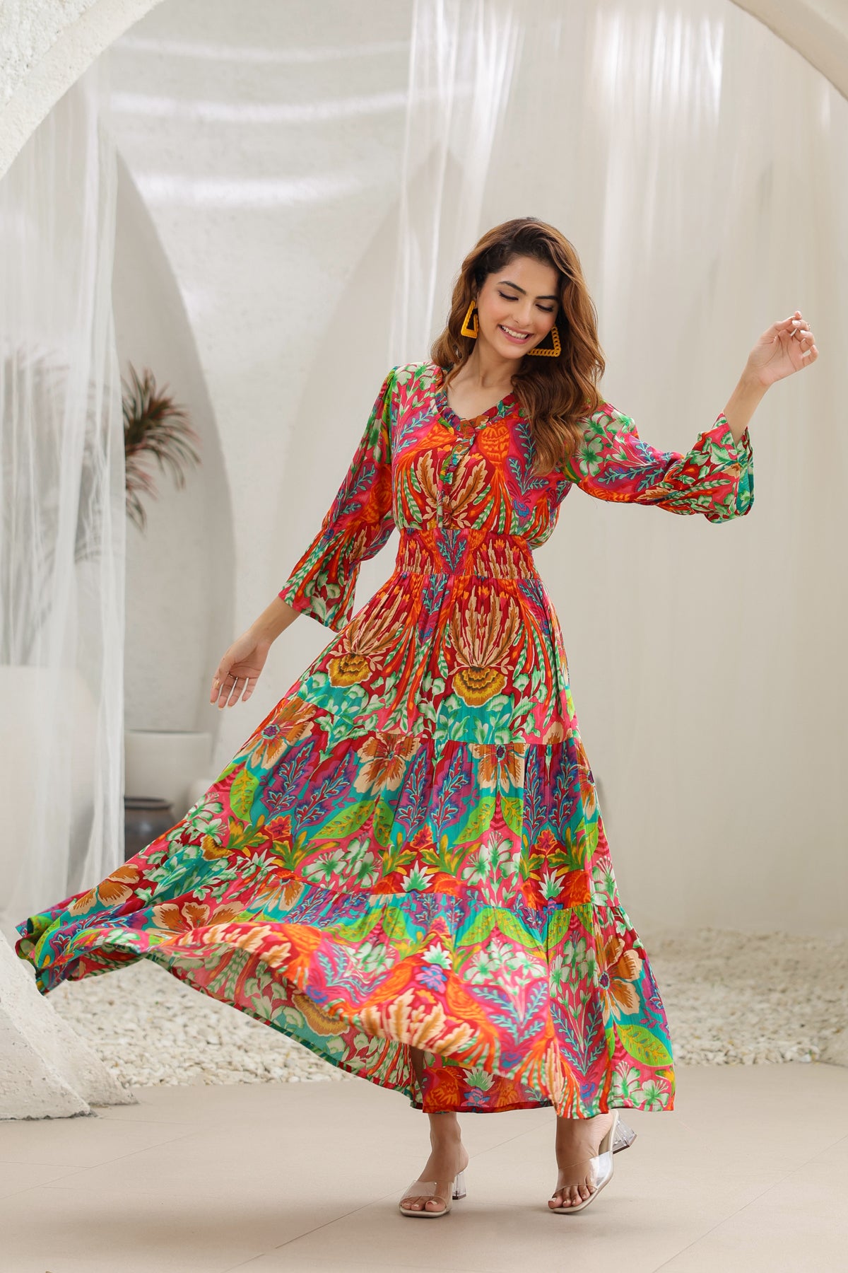 Women Abstract Printed Fit & Flare Maxi Ethnic Dress Rain & Rainbow Women Abstract Printed Fit & Flare Maxi Ethnic Dress Rain & Rainbow
