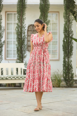 Elegant V-neck fit and flare ethnic dress