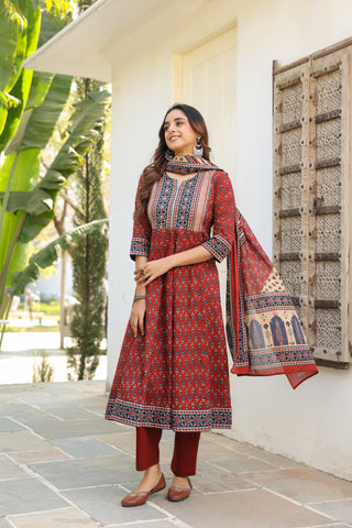 Elegant ethnic printed cotton kurta paired with trousers and dupatta