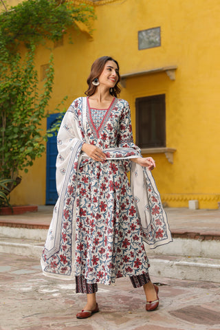 Elegant floral printed cotton kurta set with sequin embellishments