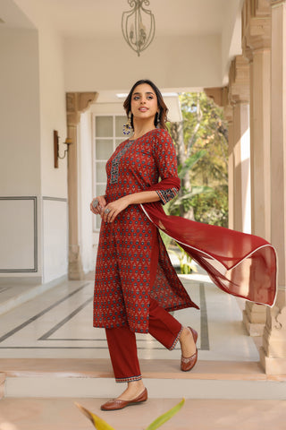 Elegant printed cotton kurta with matching trousers and dupatta