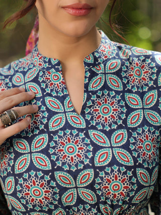 Ethnic Motifs Blue Cotton Midi Dress