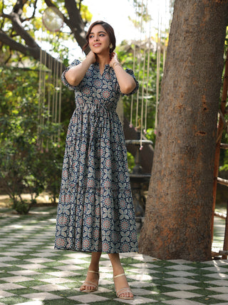 Ethnic Printed A-Line Midi Dress Blue
