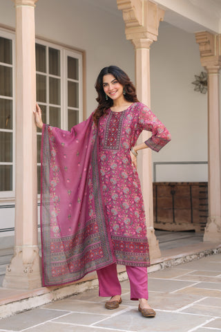 Ethnic motifs printed Chanderi kurta set women