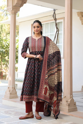 Ethnic motifs printed pure cotton kurta with trousers and dupatta