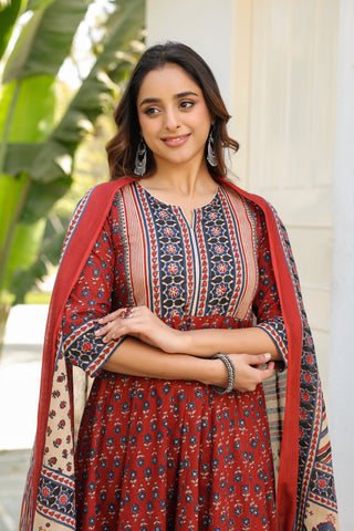 Ethnic print cotton kurta with matching trousers and dupatta for women