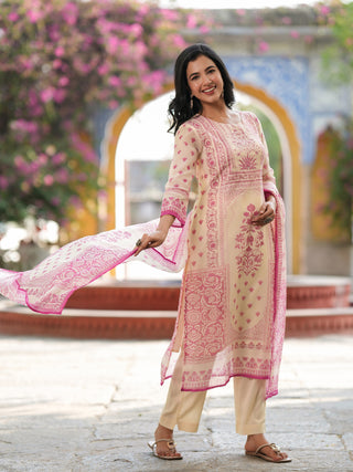 Ethnic print cotton pink kurta set