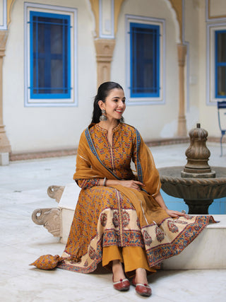 Ethnic print mustard kurta with dupatta